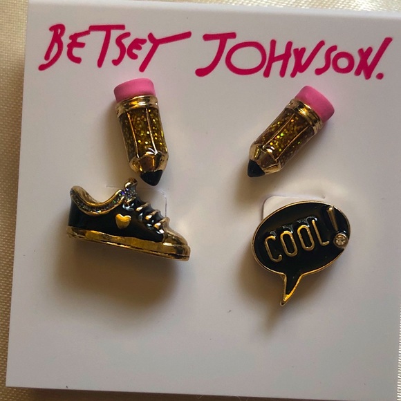 Betsey Johnson Back To Cool Pencil, Sneaker & Word Bubble Stud Earring Set NWT - Picture 2 of 8